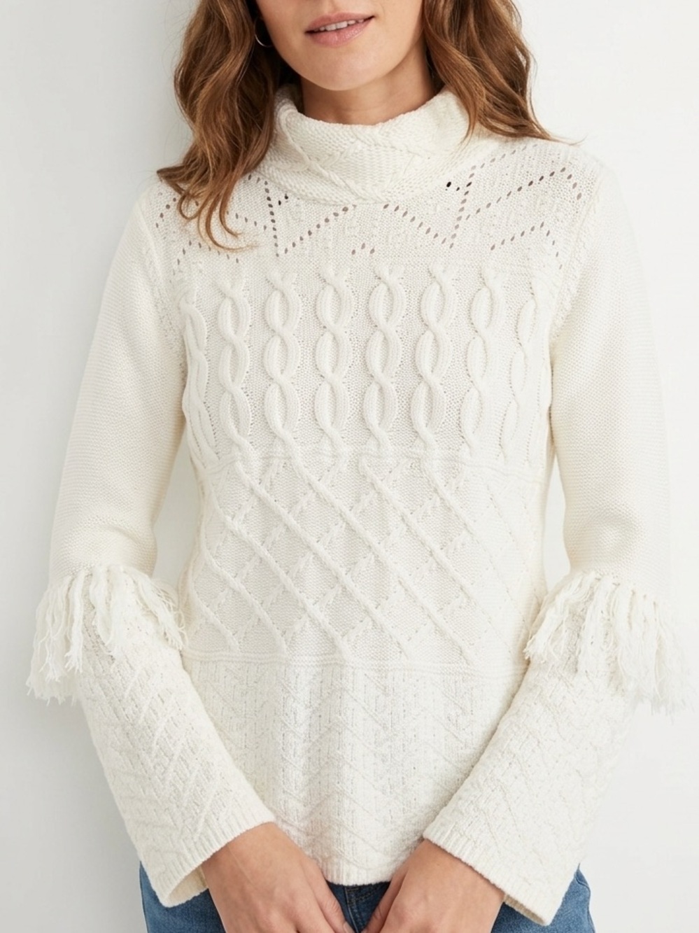 WHBM Sweater Mock Neck Embellished Fringed Cable Knit Sweater Ivory Size MP